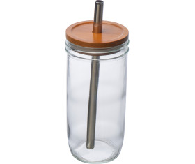 Glass mug with bamboo lid and straw